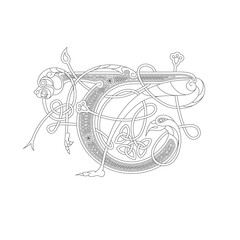 Line Drawing of a Medieval Initial Letter T combining animal body parts from a Dog and a Parrot with endless Celtic knot ornaments