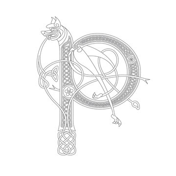 Line Drawing of a Medieval Initial Letter P combining animal body parts from a Dog and endless Celtic knot ornaments