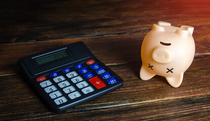 Debts and depleted savings. Dead empty piggy bank. Bankruptcy and business closure due economic...