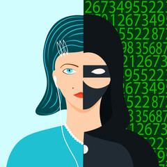 A hacker girl is trying to get into a computer and break the law.
The double life of a girl. The criminal is trying to break the law. Modern illustration of a man.
