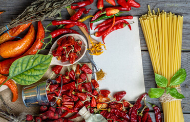 different seasonings for cooking, varieties of hot chilli pepper, ground pepper and spices, oil....