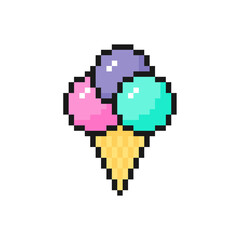 Obraz premium Ice cream in waffle cone in pixel art design isolated on white background