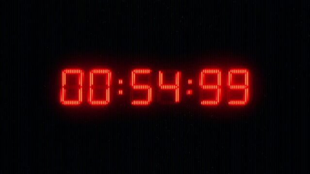 One minute of Red Glowing LCD Digital Clock Timer on Black Background. 60 Seconds Led Flashing Numbers Stopwatch. LCD display or CRT monitor Screen. 30 or 10 seconds