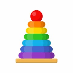 Children pyramid toy icon isolated on white background. Baby ring pyramid, rainbow colored circles sign. Single toddler training educational toy. Fine motor developmen. Vector illustration