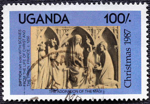 UGANDA - CIRCA 1987: A stamp printed in Uganda depicting The Adoration of the Magi from the Christmas 1987 series, circa 1987.