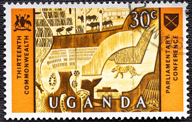 UGANDA - CIRCA 1967: A stamp printed in Uganda depicting Animal carvings from entrance hall of...