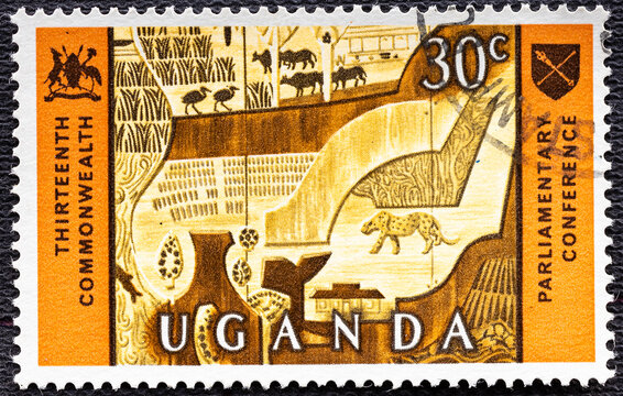 UGANDA - CIRCA 1967: A stamp printed in Uganda depicting Animal carvings from entrance hall of Uganda Parliament, circa 1967.