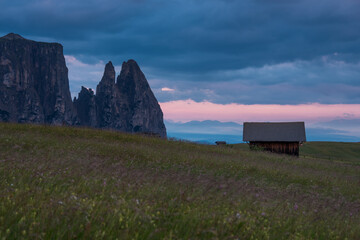 Cottages at Alpe di Siusi at sunrise