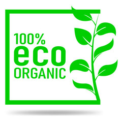 label design with round letter or guarantee icon. Square icon. 100% organic certified environmental concept,