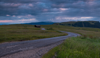 Cottages at Alpe di Siusi at sunrise