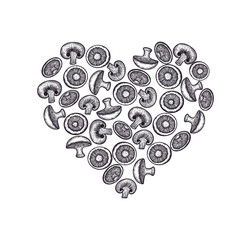 Mushrooms champignons in the shape of a heart. Hand-drawn illustration. Vegetarian food. For label and poster. Vector illustration