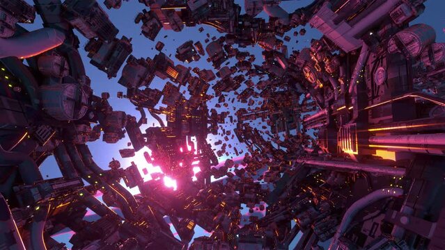 Space station orbit blue sky stars sunset glow 3d animation