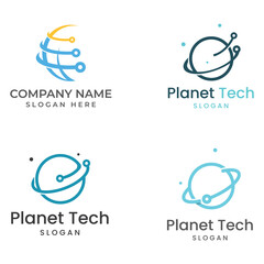 Modern digital tech world logo, global or tech planet, and digital tech protection. Logo with concept vector illustration template.