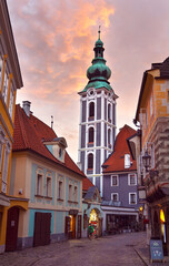St. Vitus Church with a latran street and old late-fothic and renaissance town houses in Cesky Krumlov, Czech Republic.