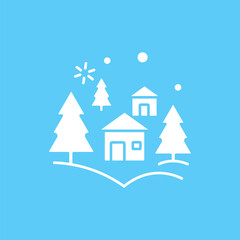 Fototapeta premium Winter glyph icon. Beautiful landscape. Village covered by snow. Blizzard. Winter vacation concept. Filled flat sign. Isolated silhouette vector illustration