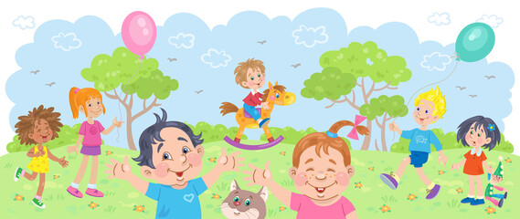 Obraz na płótnie Canvas Happy children of different nationalities walk and play in a summer park with toys, balloons and pets. In cartoon style. Vector flat illustration.