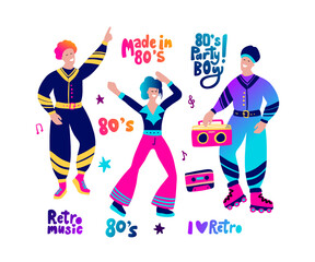 80s party people cartoon gradient character set and lettering collection. Vector illustration