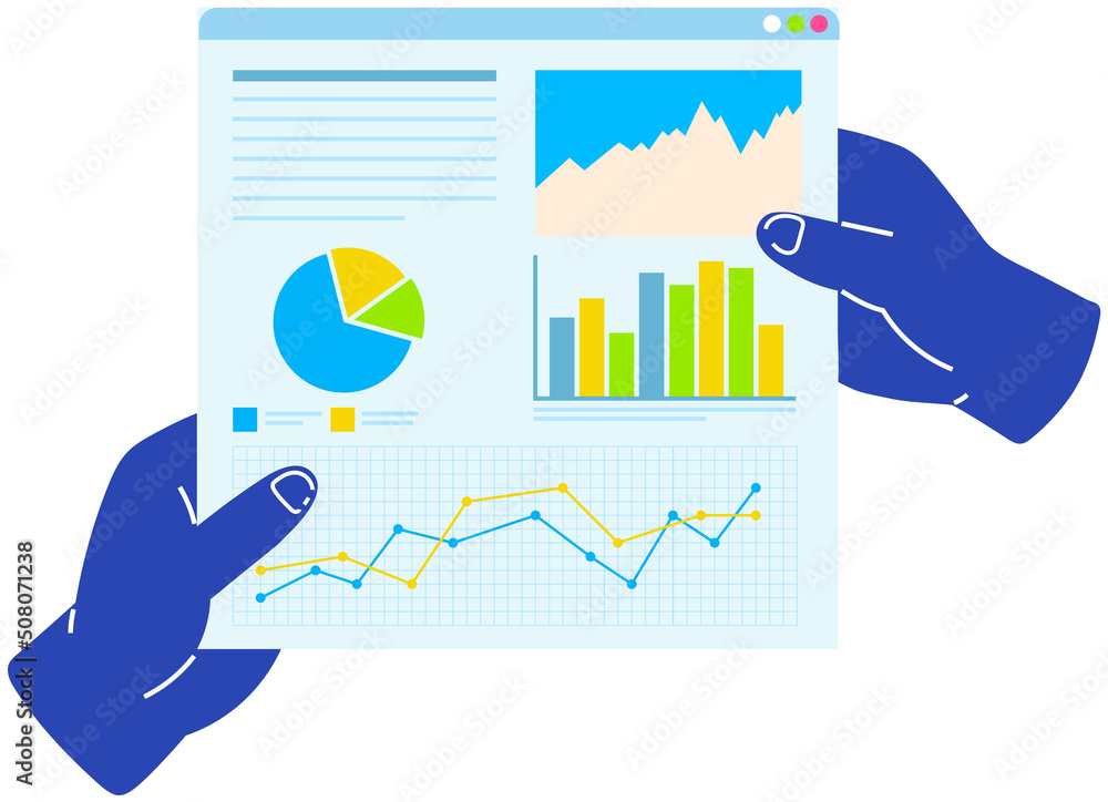 Aufkleber data analysis, information exploration, web research concept. person examines diagram, analyses busi