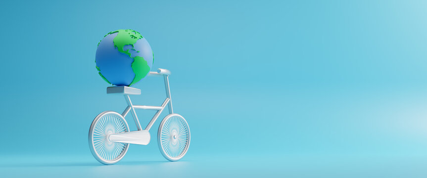 Concept of world bicycle day and car free day, healthy lifestyle, cycling and sports activity in nature, green bicycle and world. Environment preserve, background geometric shape, 3d rendering