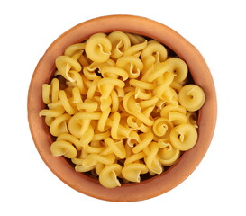 Uncooked durum pasta, funghetti in clay pot isolated on white, top view