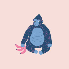Happy gorilla and pink bananas hand drawn vector illustration. Isolated cute baby character. Safari animal in flat style for kids logo or icon.