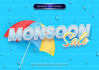 Monsoon Sale 3d cartoon text style effect. editable with rain drop and umbrella background for seasonal shopping.