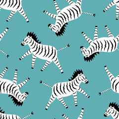 Fototapeta na wymiar Funny zebra hand drawn vector illustration. Cute baby character in flat style. African animal seamless pattern for kids fabric.