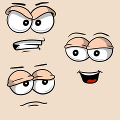Funny eyes with emotions. Different smiles and faces. Cartoon character.