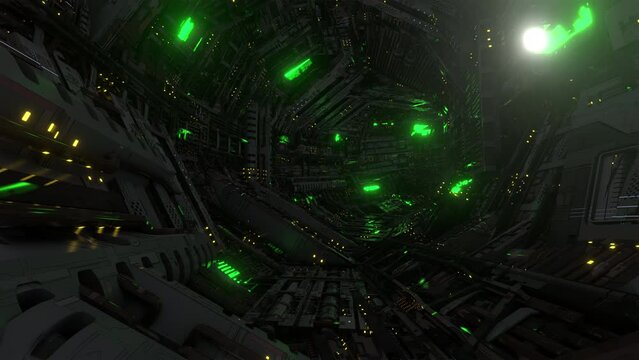 Sci-fi supercomputer tunnel green glow 3d animation seamless loop
