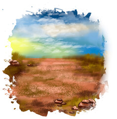 Prairie landscape with stones Illustration. Watercolor stain