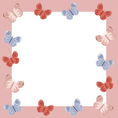 Vector abstract frame with a set of vector vintage cute butterflies ornament isolated. Butterflies collection in pastel color beige. Flat style. Pink butterflies frame for print