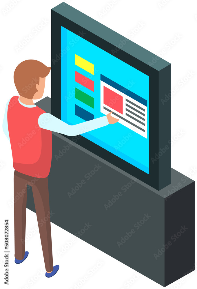 Poster man touching high-tech screen in isometric illustration standing near digital equipment with informa