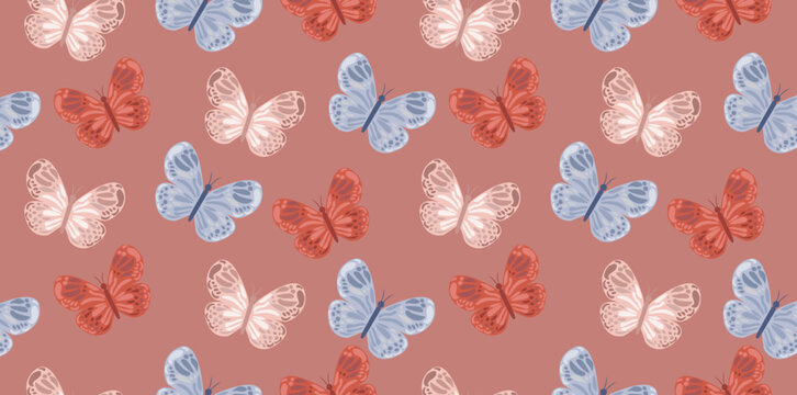 Vector vintage cute seamless pattern with beautiful red blue beige butterflies. Butterfly pattern. Graphic design for print, package. Abstract seamless background. Butterfly texture