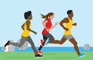 Group of young man and diverse women running together at lake landscape background. Healthy lifestyle, wellness. Marathon race, competition, fitness workout challenge, training activity. Vector banner