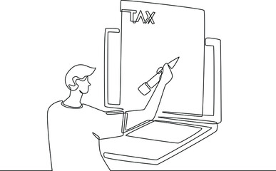 Single one line drawing businessman calculating tax payment on laptop screen. Corporate Finance Concept. Continuous line draw design graphic vector illustration.