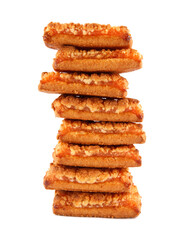 Orange cookies. Cookies with orange filling . The orange cookie tower is isolated on a white background .