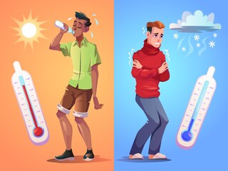 Hot and cold weather. Contrast weathers types, heat and frost, man drinks water under scorching sun, guy shivering from cold, extreme high and low temperature, summer and winter vector banner