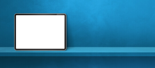 Digital tablet pc on blue wall shelf. Background banner
