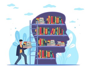 Information base. Education in university or college and self-education, knowledge concept, intelligence man with stack of books, head with bookshelves, good memory, vector illustration