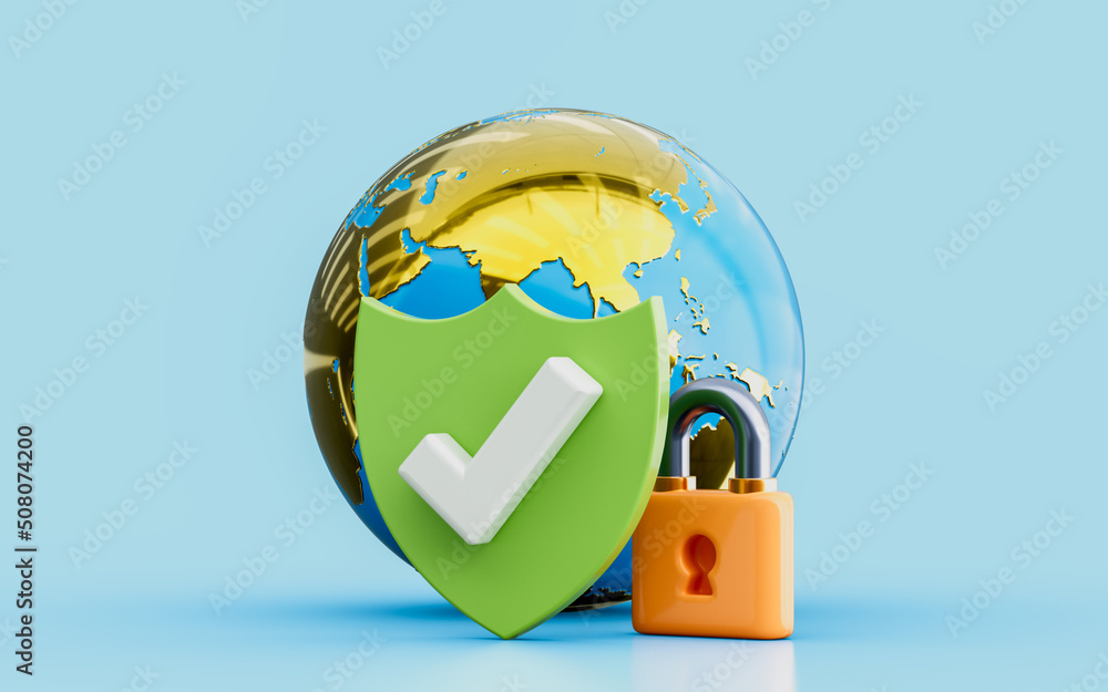 Poster security shield check mark with global lock sign 3d illustration world information details protect s