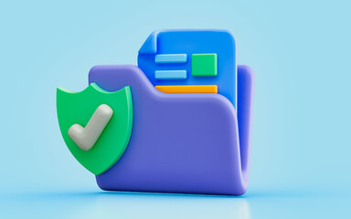security shield check mark with document folder 3d illustration storable data information safety protection office work client details dead statement concept for important file paper document save