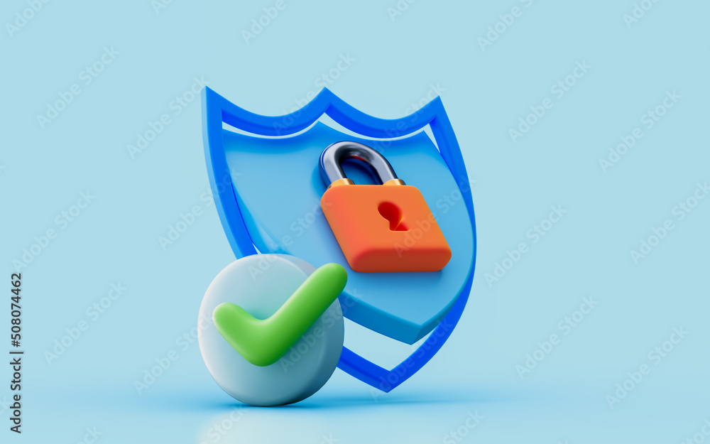 Poster network security shield checkmark protection cyber lock password guard network safety 3d render conc