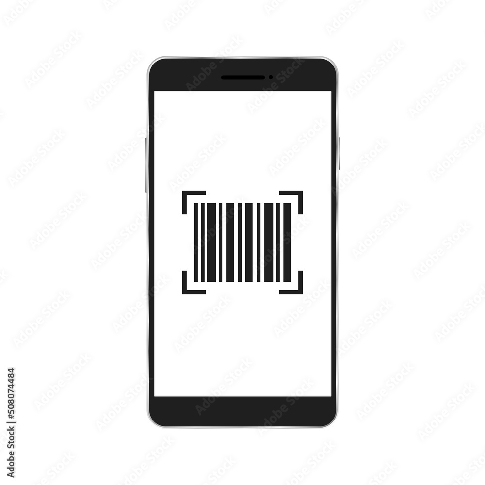 Poster smartphone with scan bar code. realistic black phone scanning barcode. vector isolated on white.