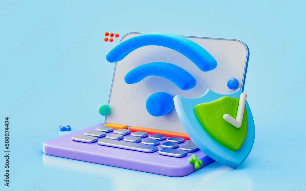 Poster website online network safety protecting cyber security shield checkmark laptop 3d render concept fo