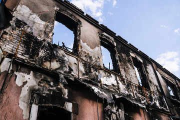 Destroyed and burnt civilian houses and shops in the town of Trostyanets. Sumy region. Civil...