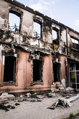 Destroyed and burnt civilian houses and shops in the town of Trostyanets. Sumy region. Civil buildings. Russian military invasion of Ukraine.