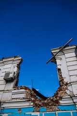 Destroyed and burnt civilian houses and shops in the town of Trostyanets. Sumy region. Civil buildings. Russian military invasion of Ukraine.