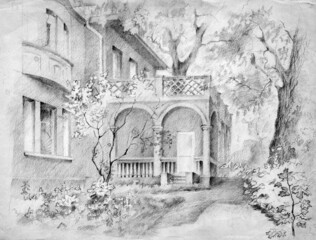 Pencil drawn landscape, Nyvky park in Kyiv, an ancient building of the so-called Khrushchev dacha among oak trees