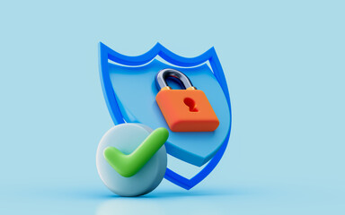 network security shield checkmark protection Cyber lock password Guard network safety 3d render concept for internet antivirus private protection - obrazy, fototapety, plakaty