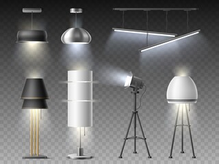 Realistic interior lamps. Different types room lights, chandeliers and floor lamps, illuminated home and studio interior elements, modern loft design, vector isolated set